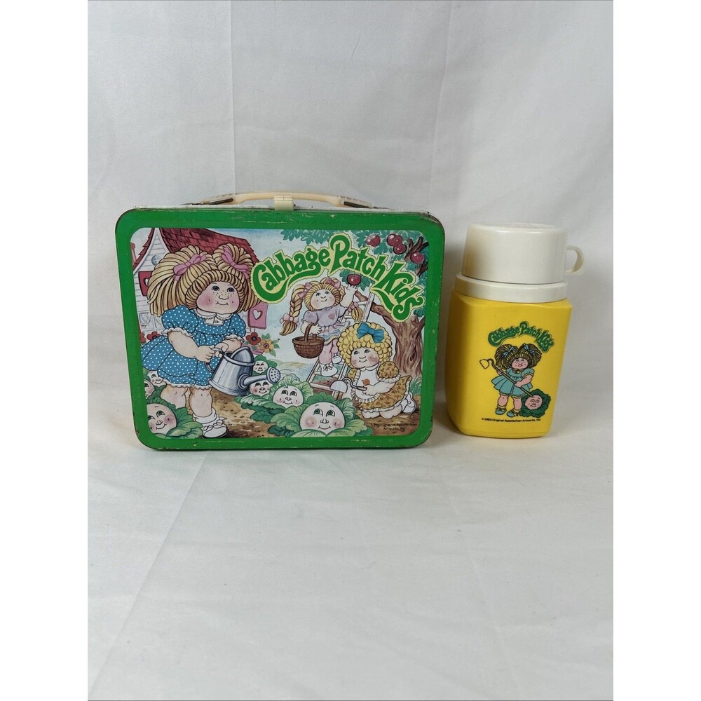 1983 Cabbage Patch Kids Metal Lunch Box w Thermos Yellow Green